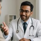Doctor consulting patient, smiling.